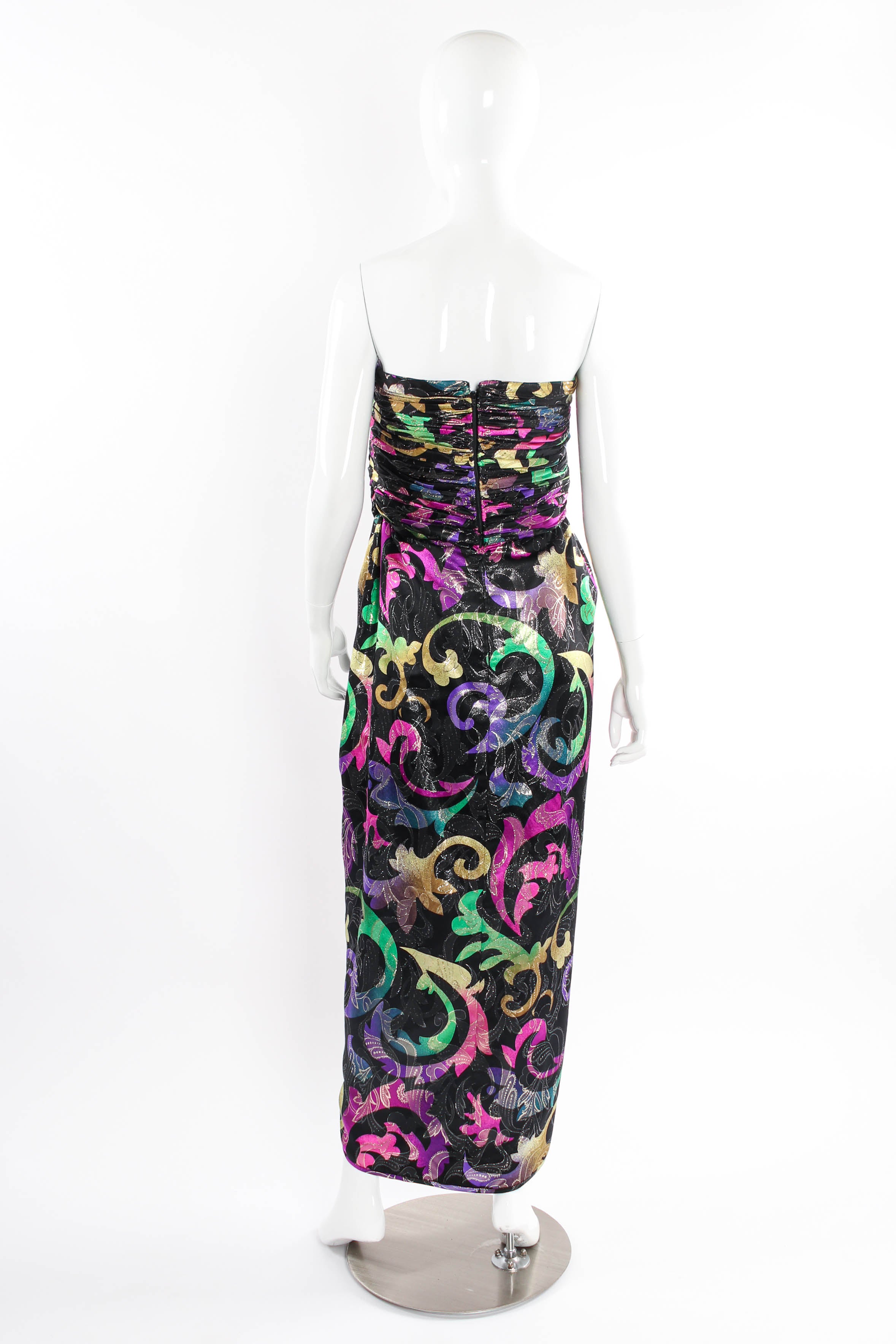 Vintage Michael Novarese Fleur Metallic Strapless Gown back on mannequin @recessla