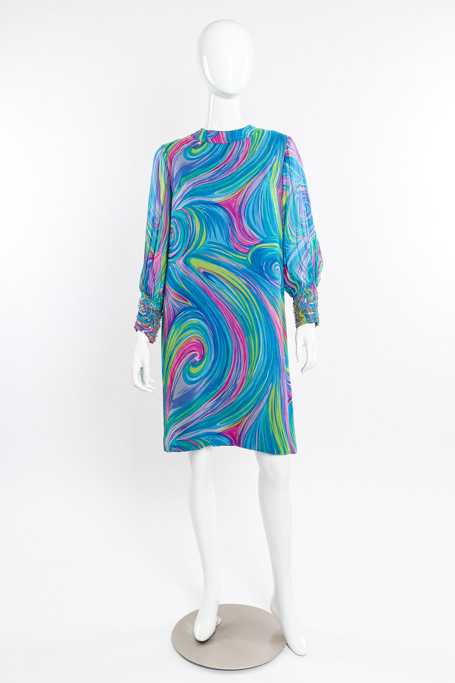 Vintage Mr. Frank Abstract Swirl Silk Dress front view on mannequin @Recessla