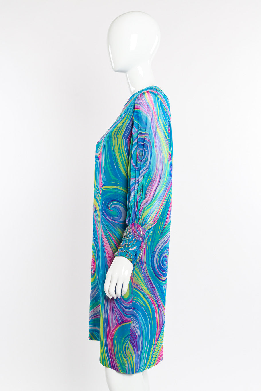 Vintage Mr. Frank Abstract Swirl Silk Dress side view on mannequin @Recessla