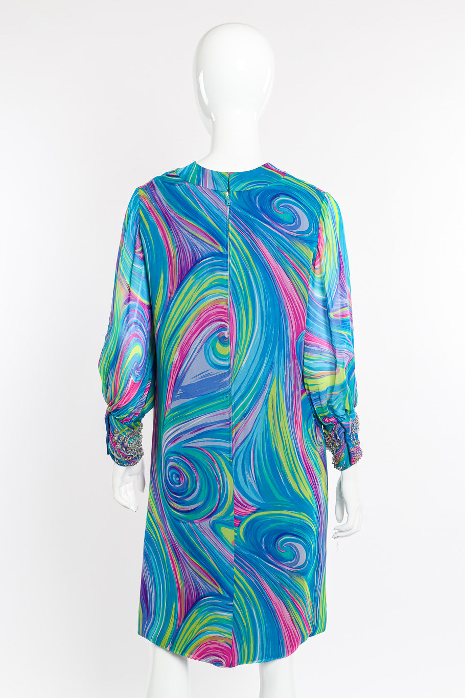 Vintage Mr. Frank Abstract Swirl Silk Dress back view on mannequin @Recessla