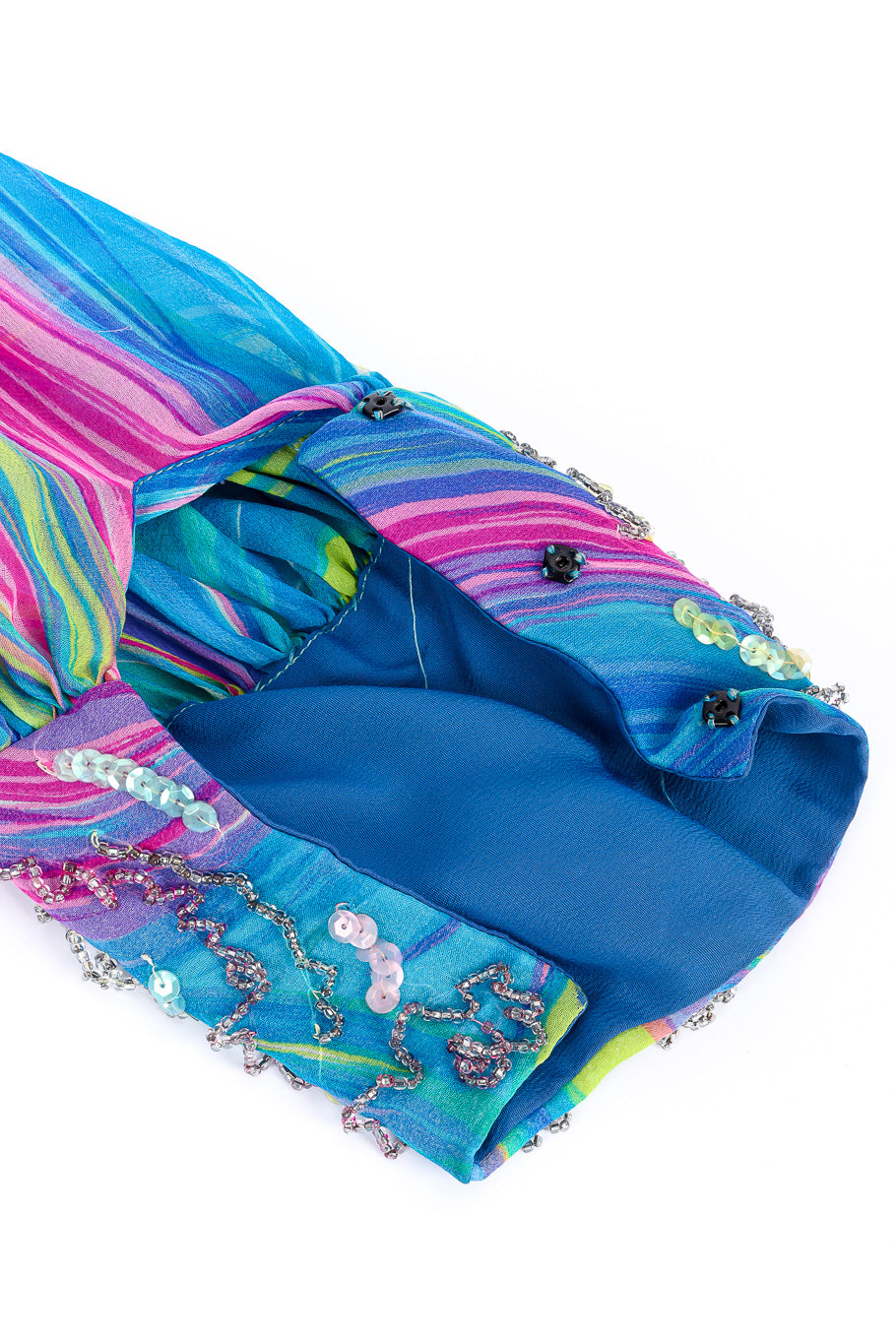 Vintage Mr. Frank Abstract Swirl Silk Dress single snap buttons on cuff closeup @Recessla