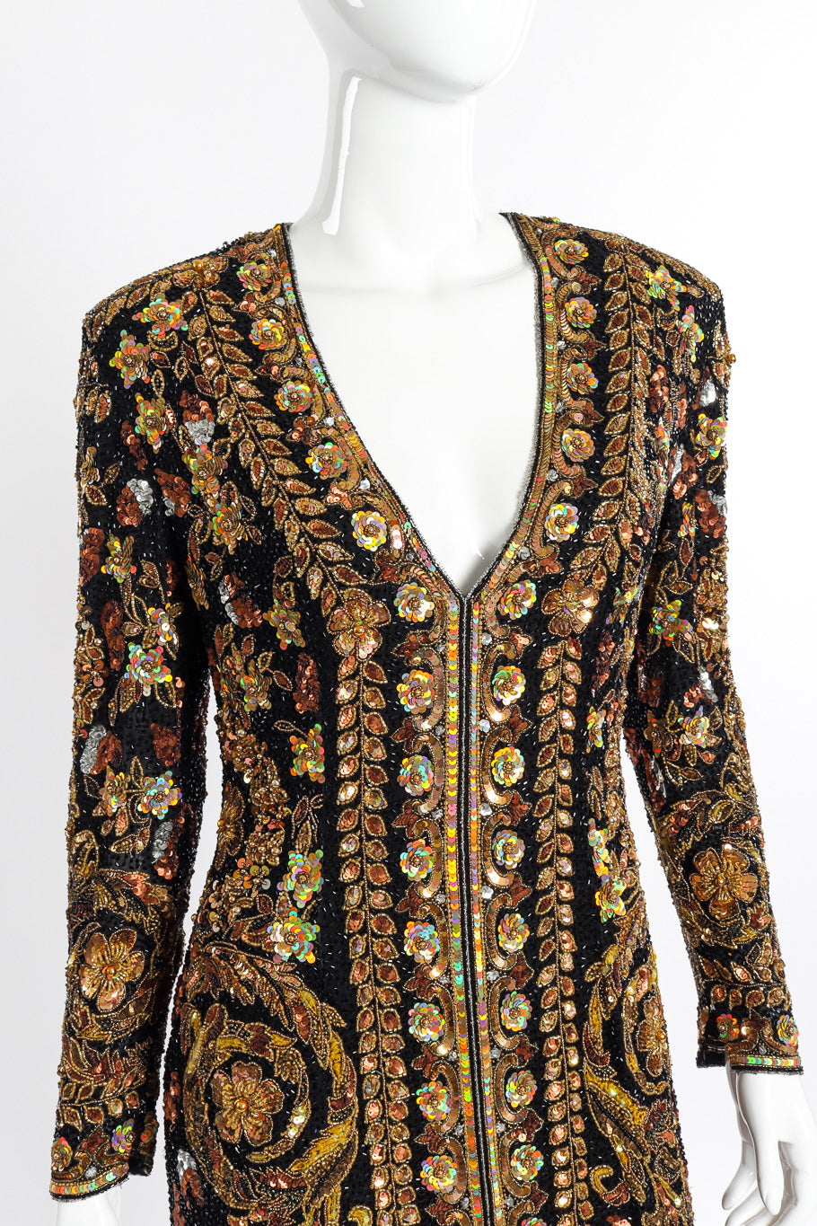 Vintage Naeem Khan Beaded Floral Brocade Gown front on mannequin closeup @recessla