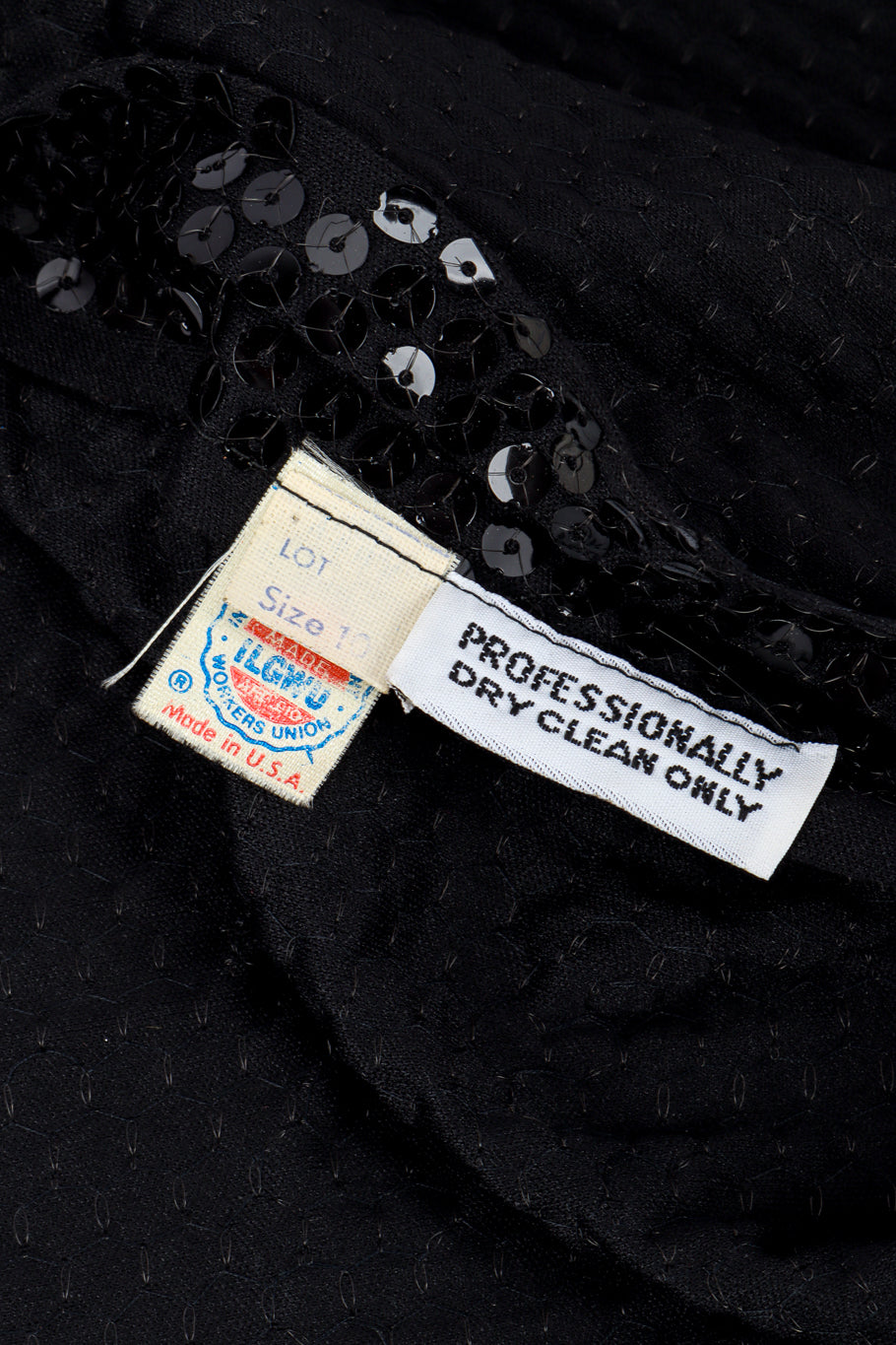 Vintage Fringe Sleeve Sequin Dress size and care tag closeup @recessla