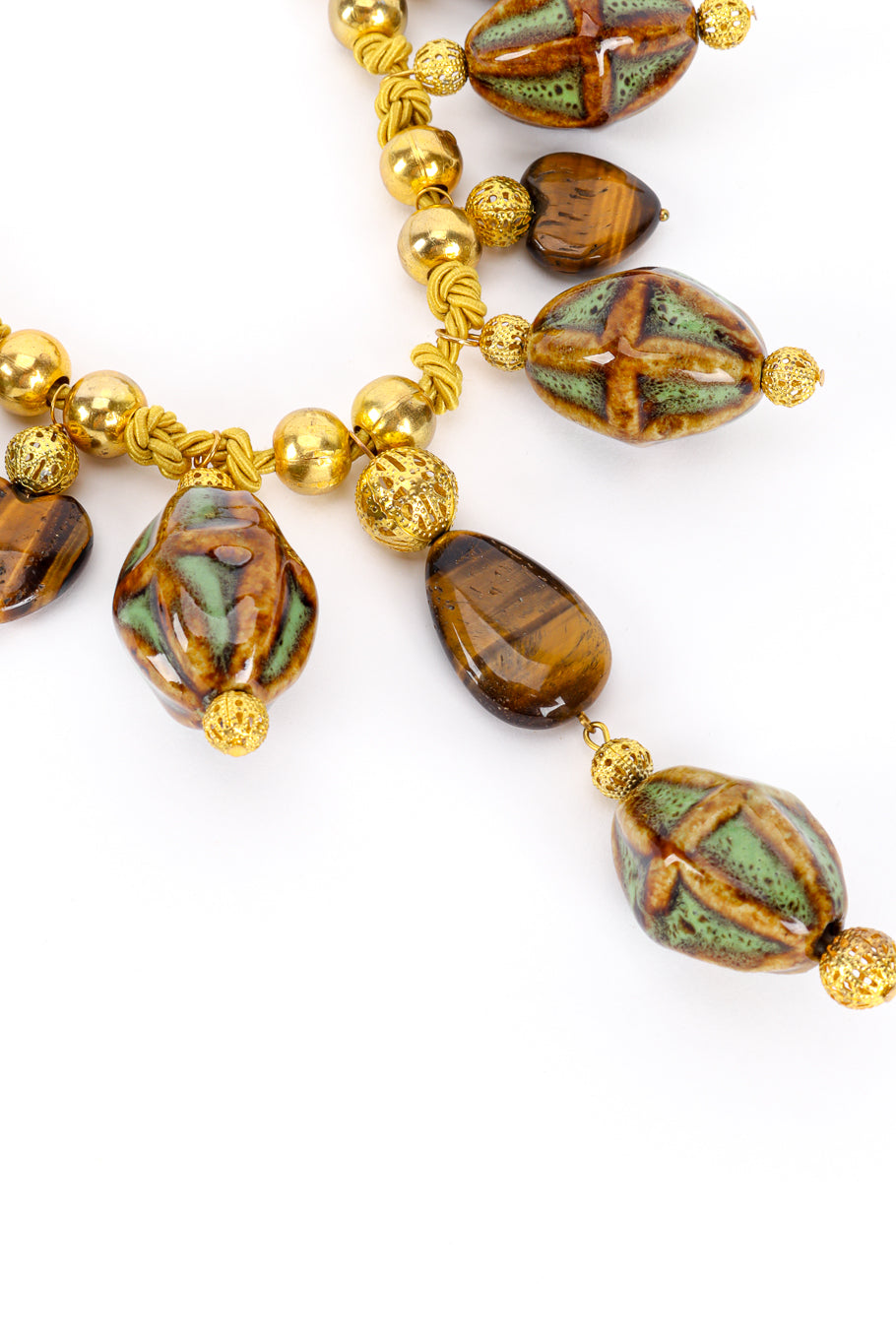 Vintage Tiger's Eye Ceramic Rope Necklace bead drop closeup @recess la