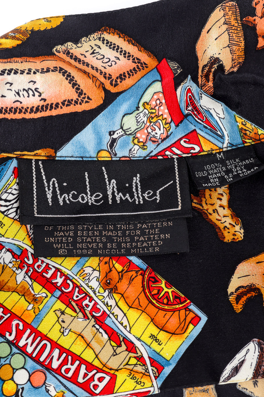 Vintage Nicole Miller Snack Print Silk Button Up signature label @recess la