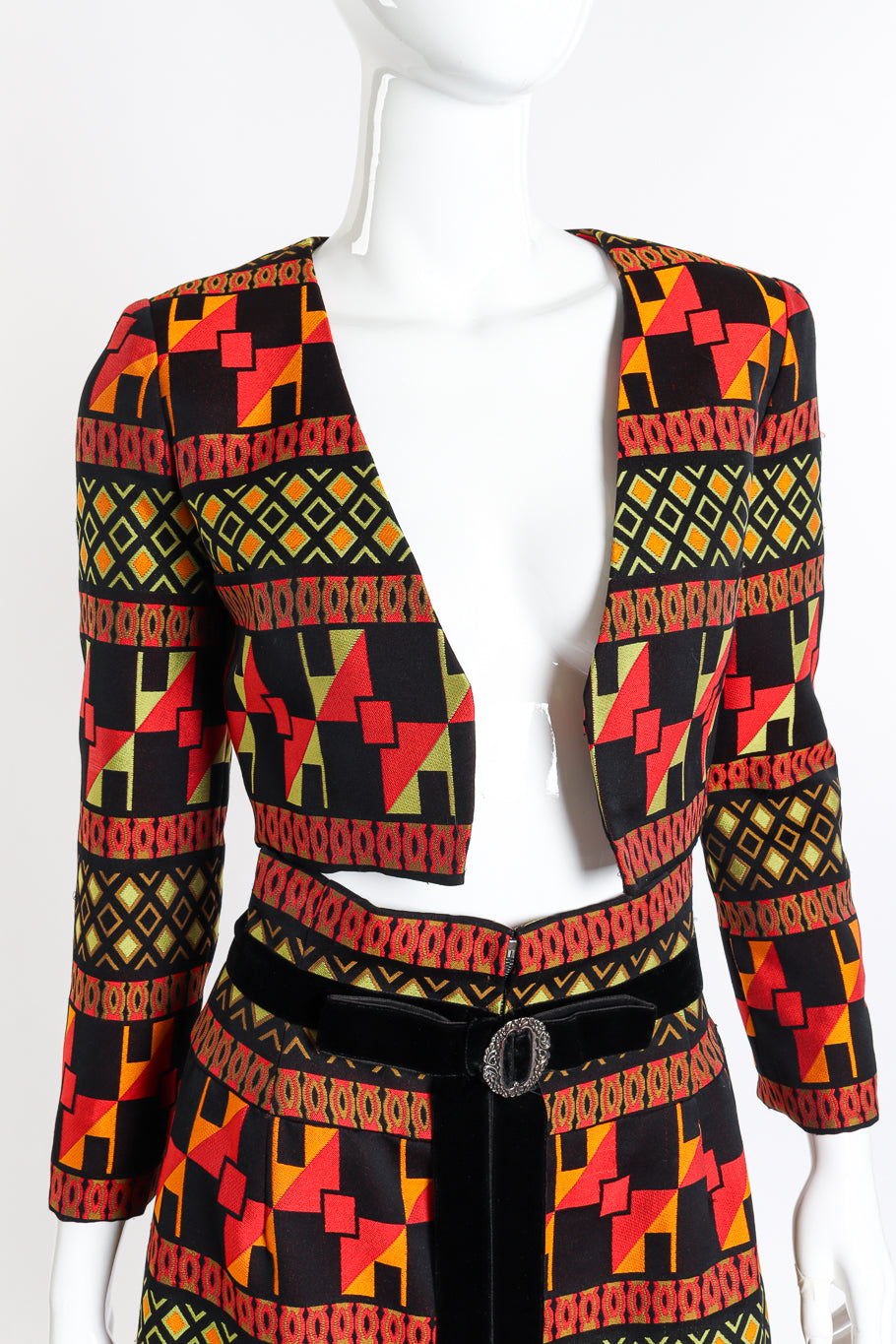 Vintage Mignon Geometric Bolero Jacket & Skirt Set front on mannequin closeup @recessla