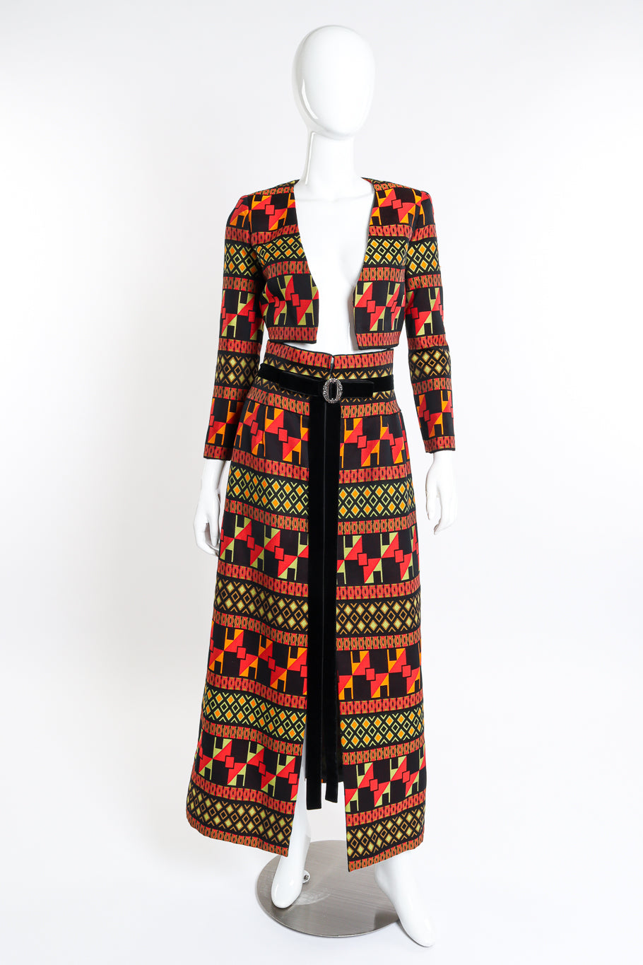 Vintage Mignon Geometric Bolero Jacket & Skirt Set front on mannequin @recessla