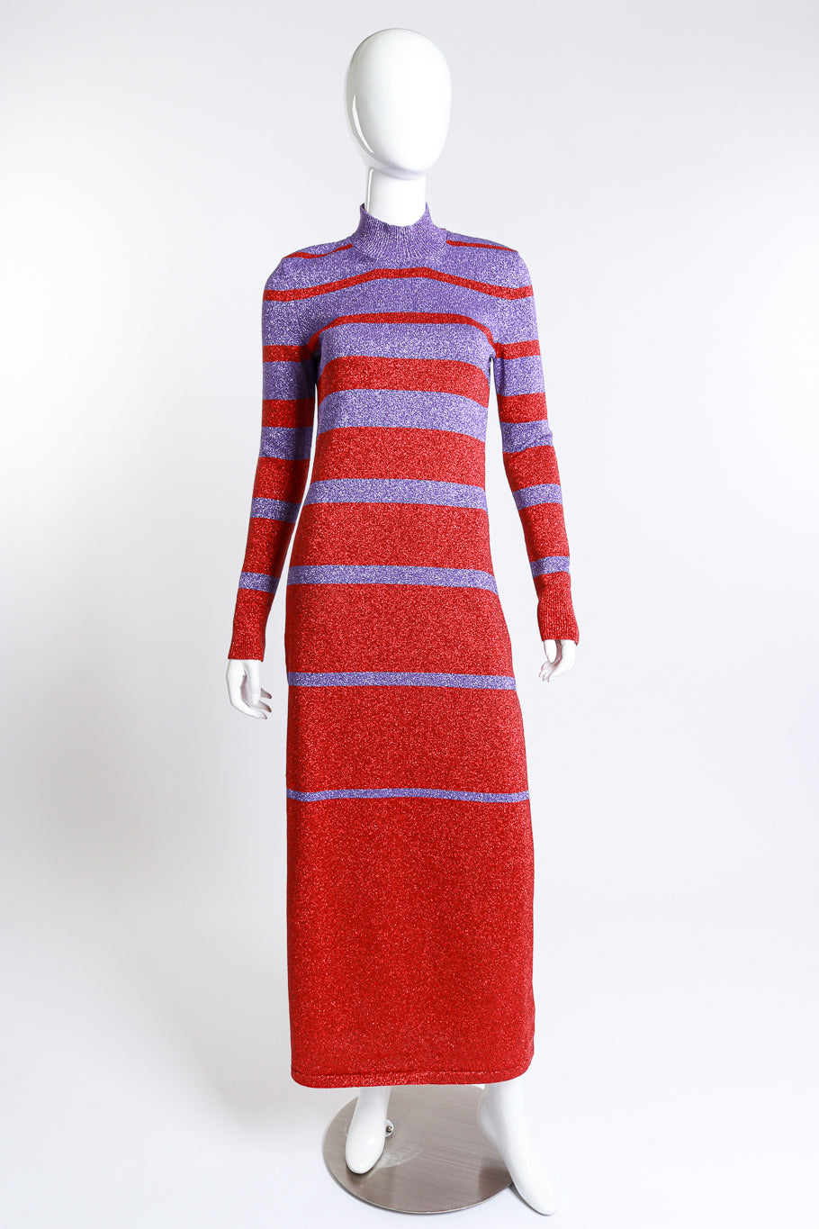 Paco Rabanne Striped Metallic Knit Maxi Dress on mannequin front view at Recess LA