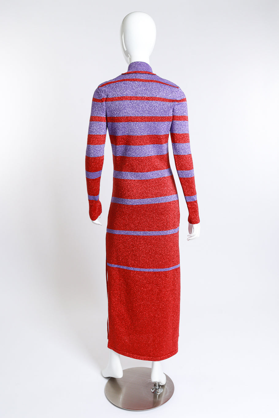 Paco Rabanne Striped Metallic Knit Maxi Dress on mannequin back view at Recess LA