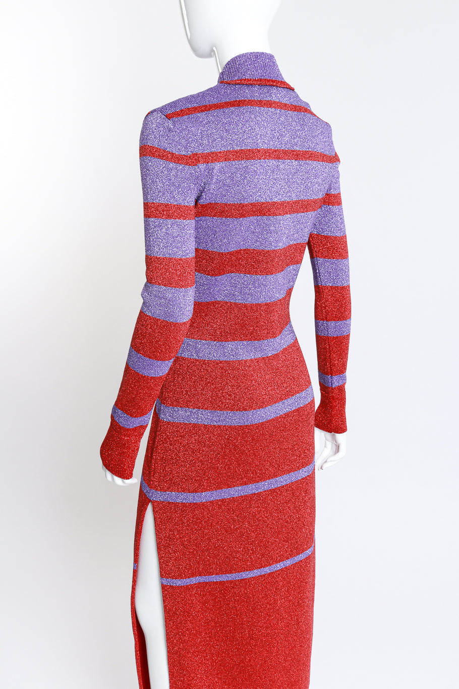 Paco Rabanne Striped Metallic Knit Maxi Dress on mannequin back view at Recess LA