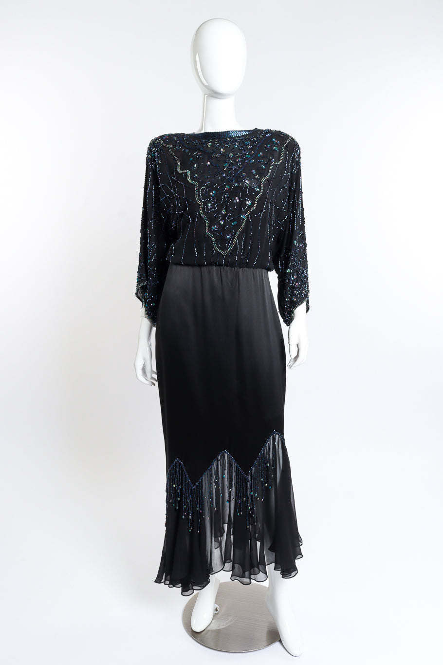 Vintage Pave Beaded Fringe Silk Dress front on mannequin @recess la