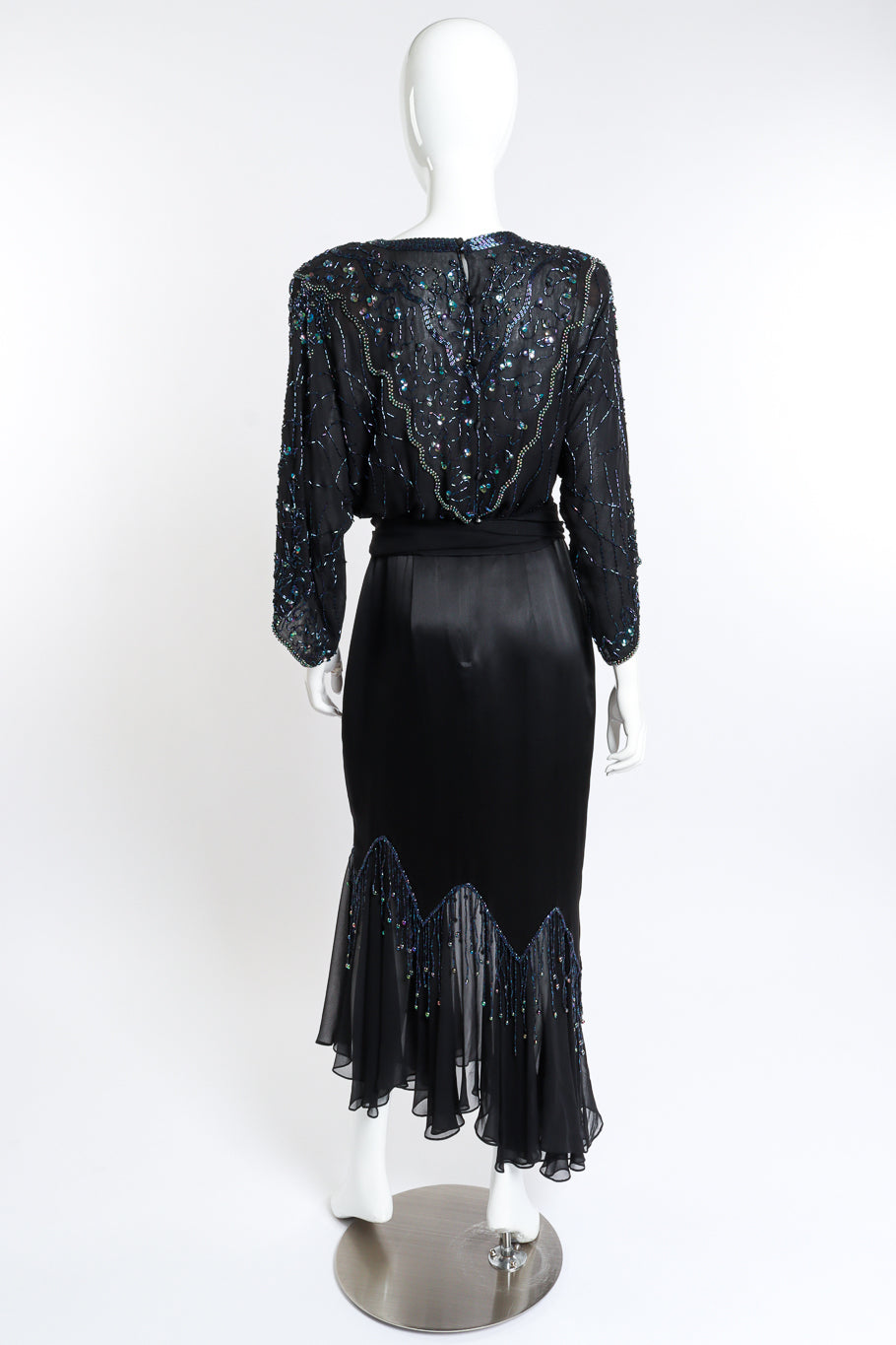 Vintage Pave Beaded Fringe Silk Dress back on mannequin @recess la