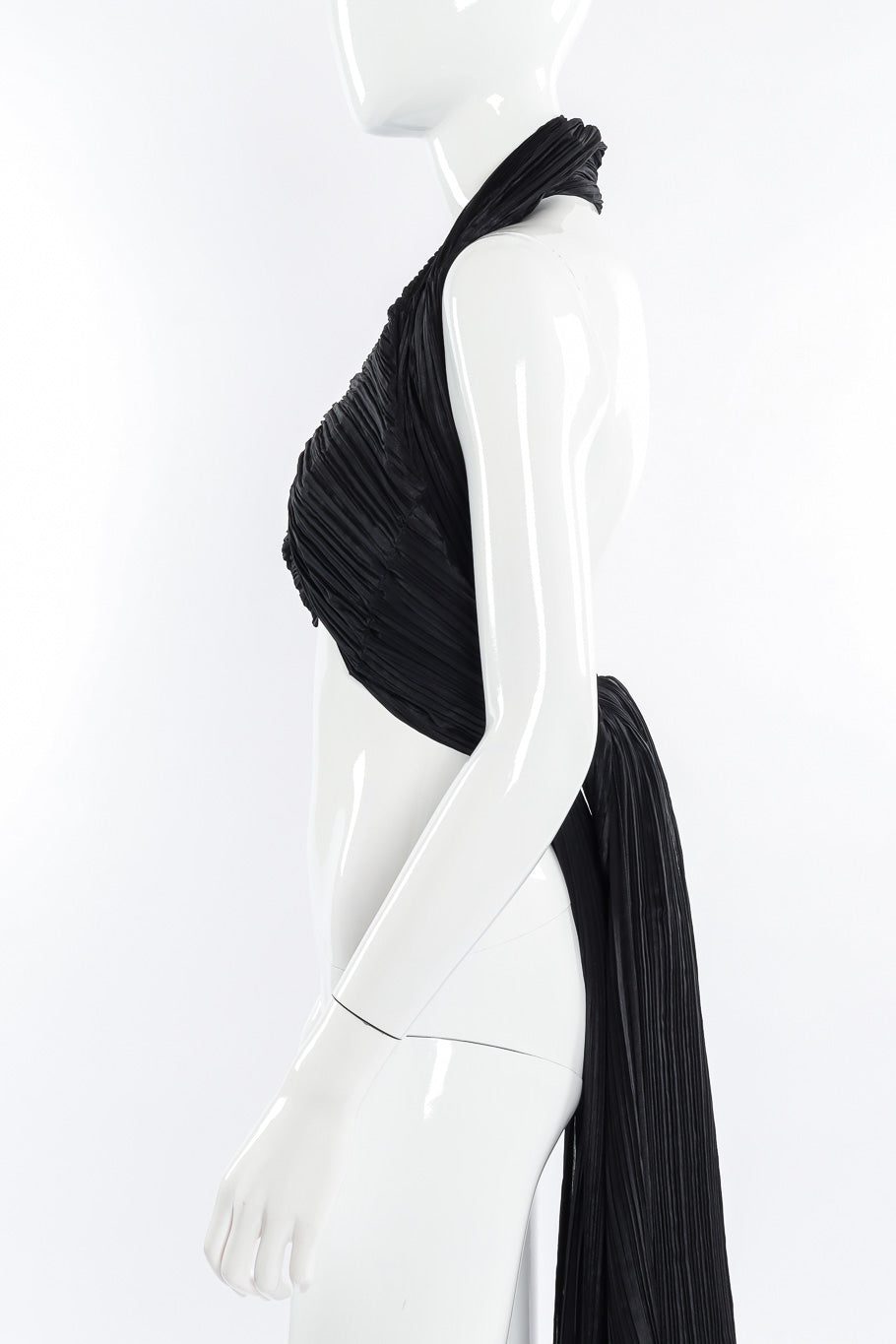 Pleats Please Issey Miyake Pleated Multi-Wrap Poncho II wrapped as a halter top on mannequin side view @Recessla