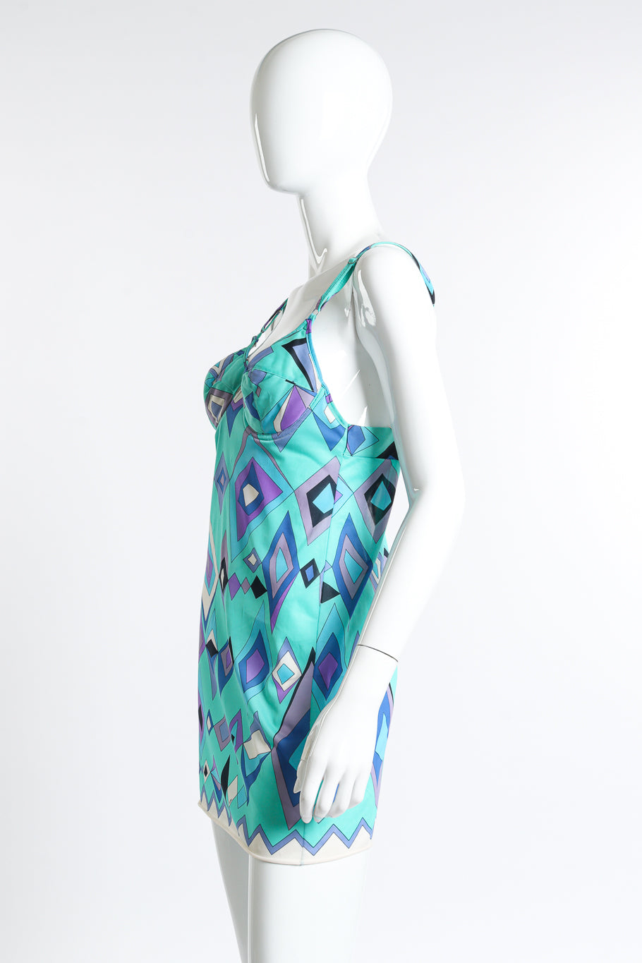 Vintage Emilio Pucci for Formfit Rogers teal purple and white geo chemise slip dress left side view as worn on mannequin @Recess LA