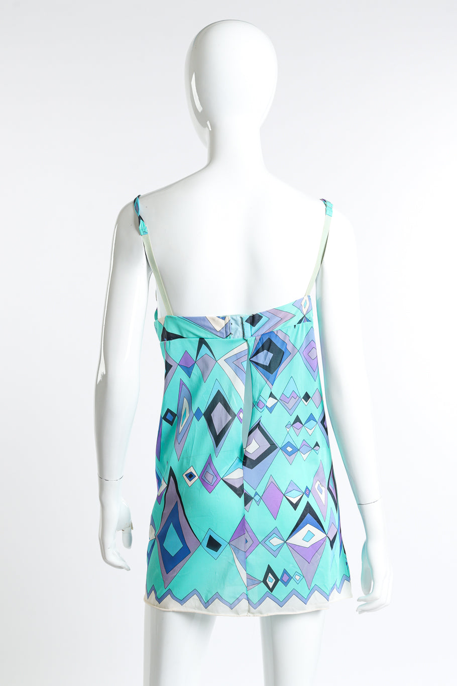 Vintage Emilio Pucci for Formfit Rogers teal purple and white geo chemise slip dress back view as worn on mannequin @Recess LA
