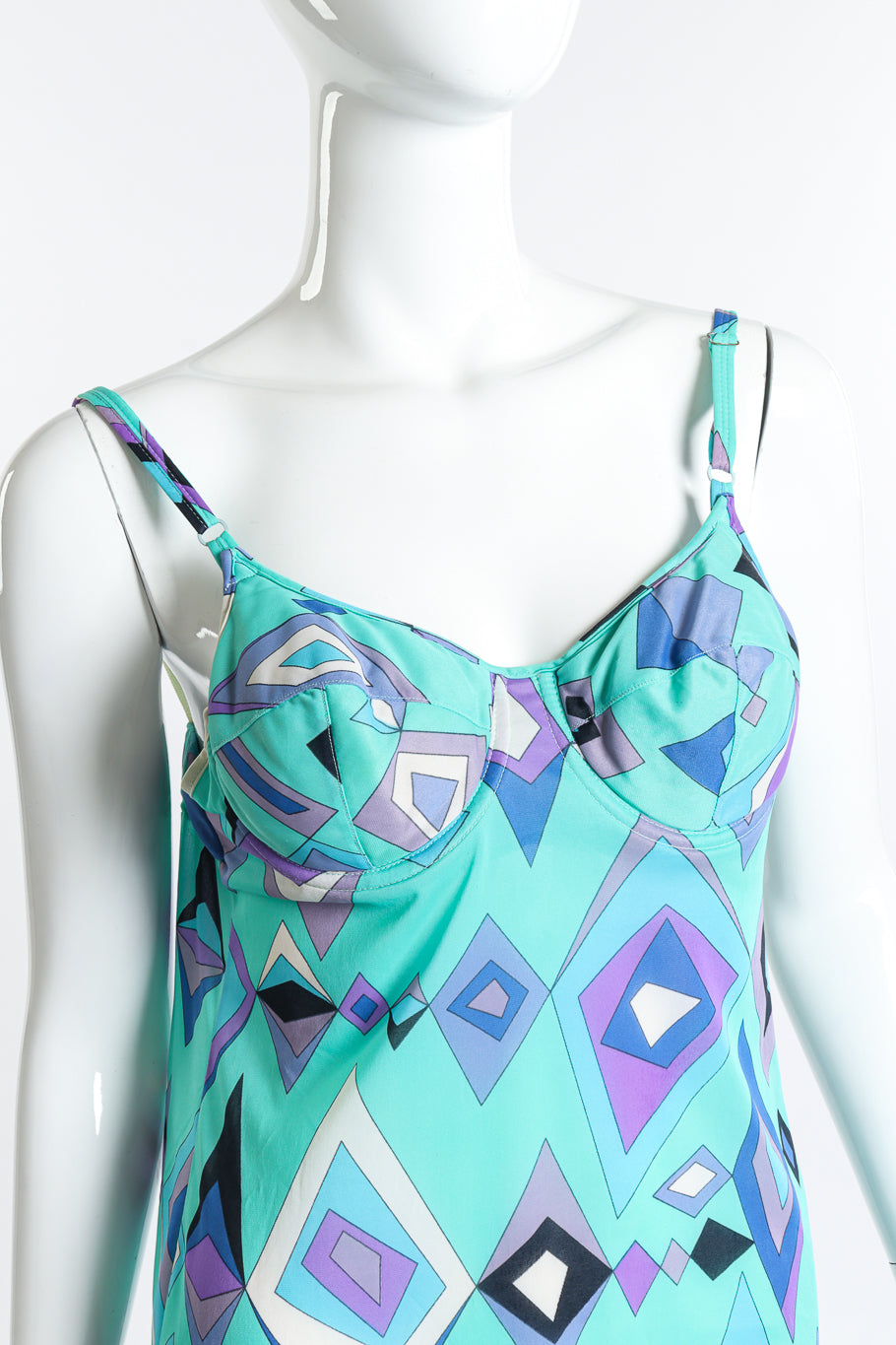 Vintage Emilio Pucci for Formfit Rogers teal purple and white geo chemise slip dress close up of slip dress front on mannequin @Recess LA