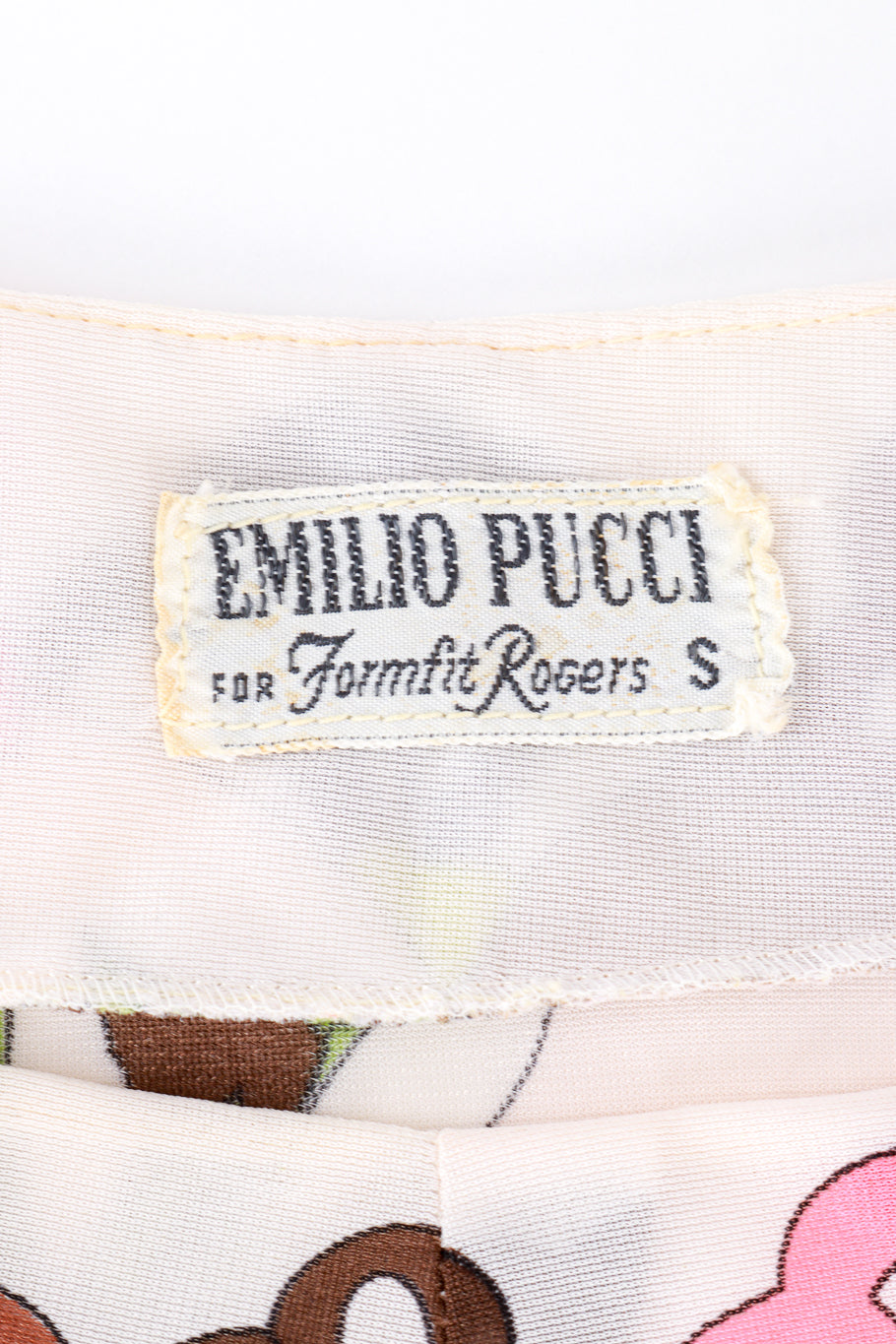 Vintage Emilio Pucci for Formfit Rogers floral fan short sleeve slip dress flat lay detail of Pucci label @Recess LA