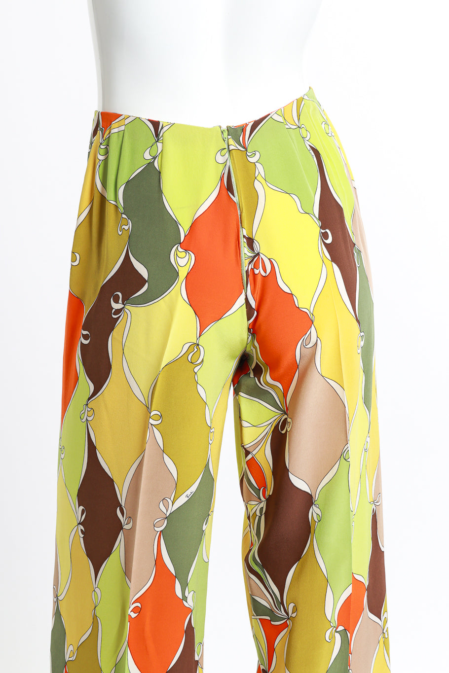 Vintage Emilio Pucci ruffle tunic high waisted trouser set close up view of trousers as seen on mannequin @RECESS LA