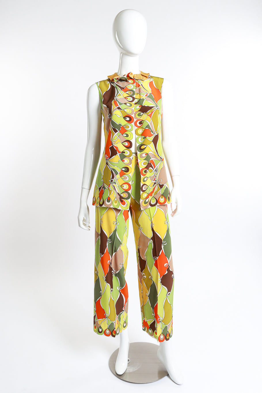 Vintage Emilio Pucci ruffle tunic high waisted trouser set front view as seen on mannequin @RECESS LA