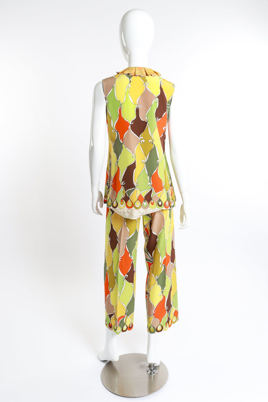 Vintage Emilio Pucci ruffle tunic high waisted trouser set rear view as seen on mannequin @RECESS LA