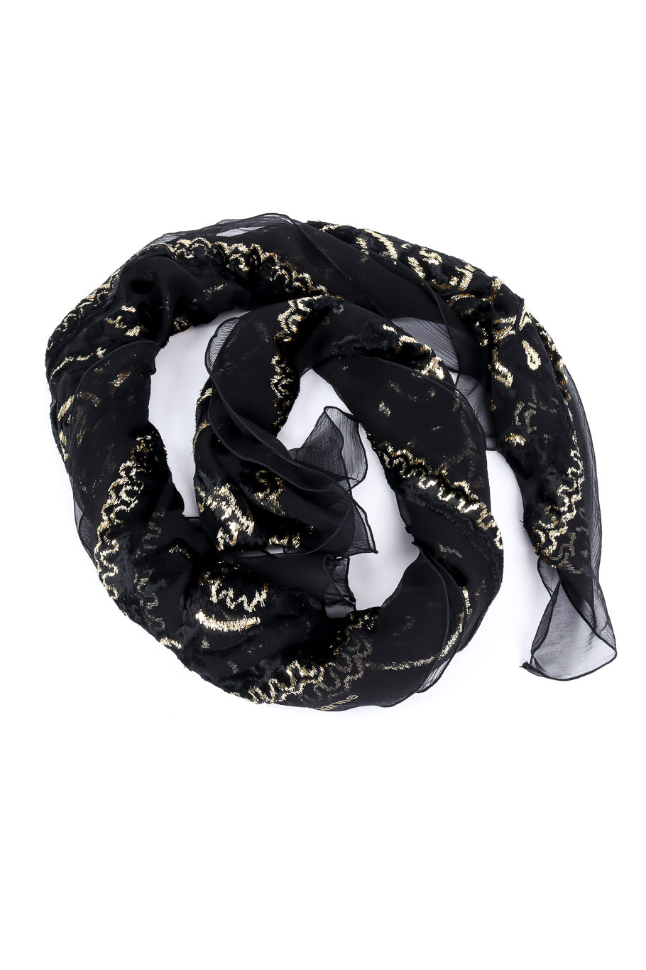 Chiffon velvet lamé scarf by Paco Rabanne flat lay wrapped in circle @recessla