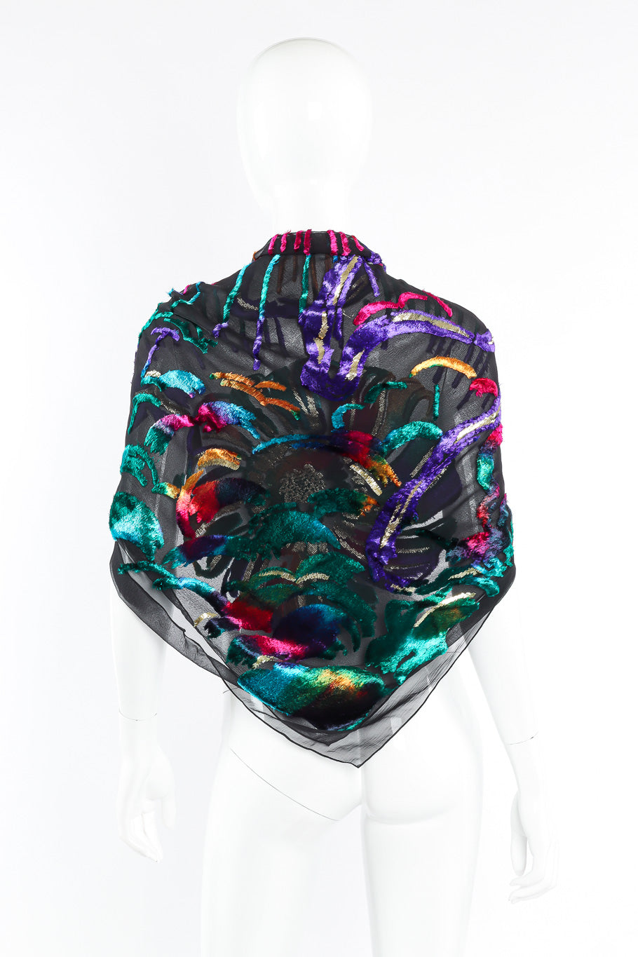 Jewel tone velvet scarf by Paco Rabanne tied on mannequin shoulders back @recessla