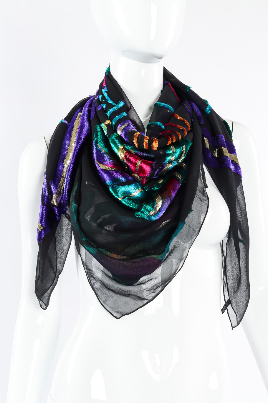 Jewel tone velvet scarf by Paco Rabanne wrapped around mannequin neck @recessla