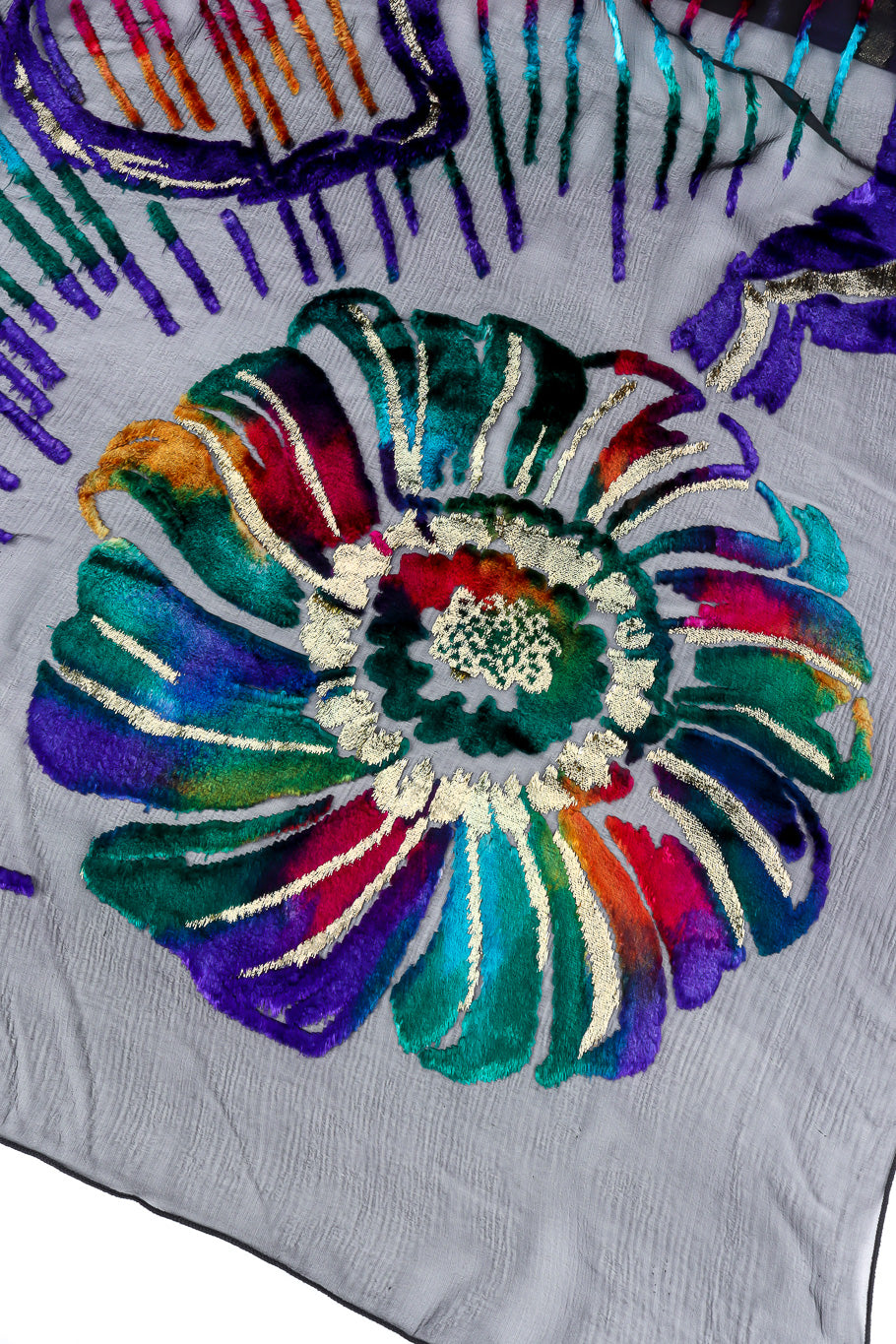 Jewel tone velvet scarf by Paco Rabanne flower close @recessla
