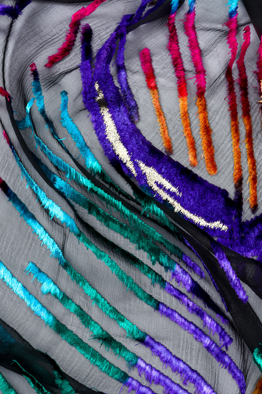 Jewel tone velvet scarf by Paco Rabanne metallic fibers close @recessla