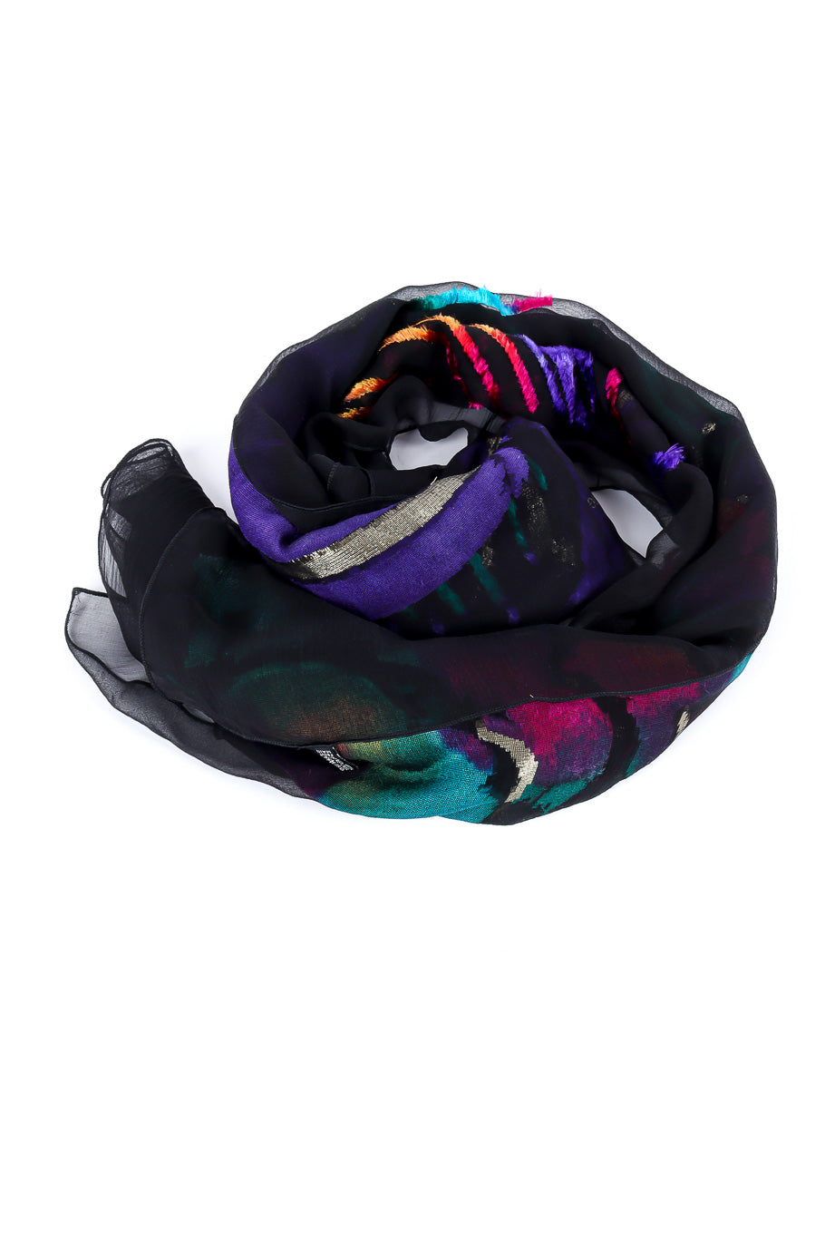 Jewel tone velvet scarf by Paco Rabanne flat lay rolled in a circle @recessla
