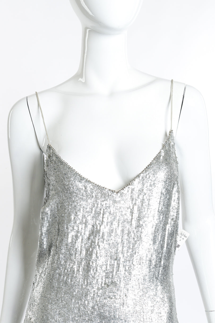 Vintage Pamela Dennis Strappy Metallic Sequin Dress front on mannequin closeup @recess la