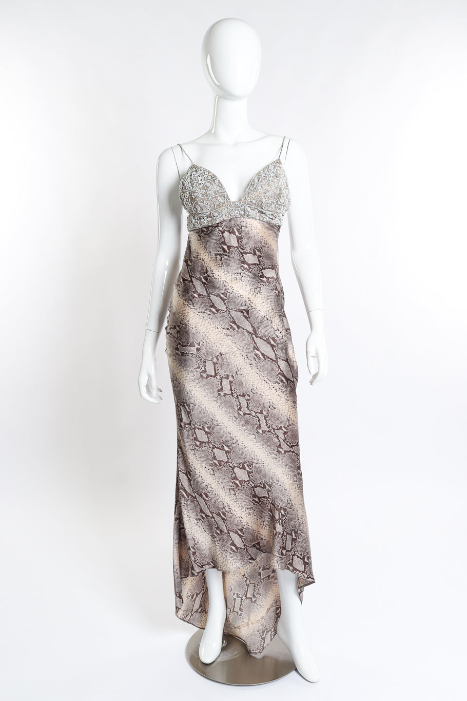 Vintage Pamela Dennis Beaded Bias Snake Print Dress front on mannequin @recess la