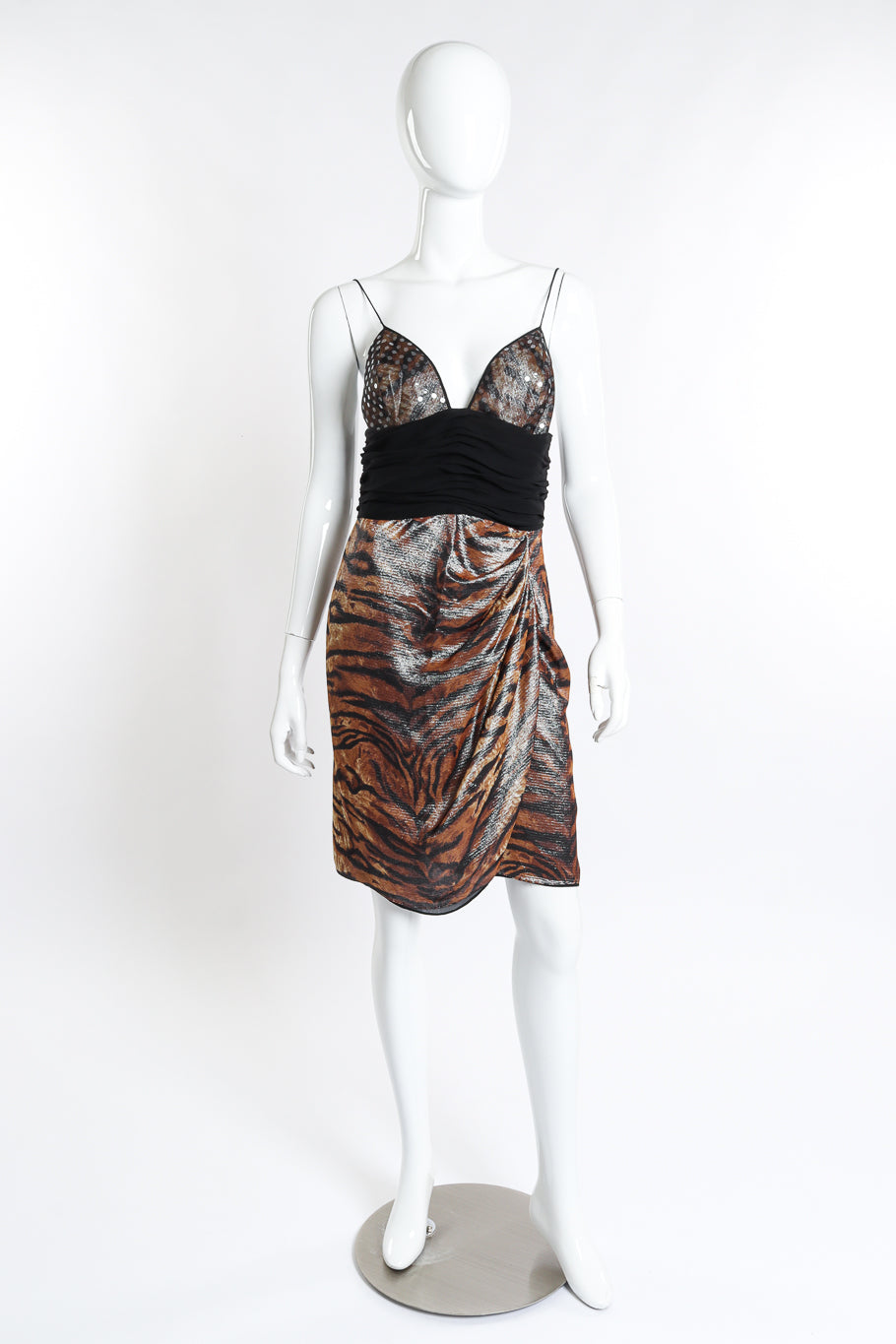 Vintage Pamela Dennis Strappy Metallic Animal Print Dress front on mannequin @recess la