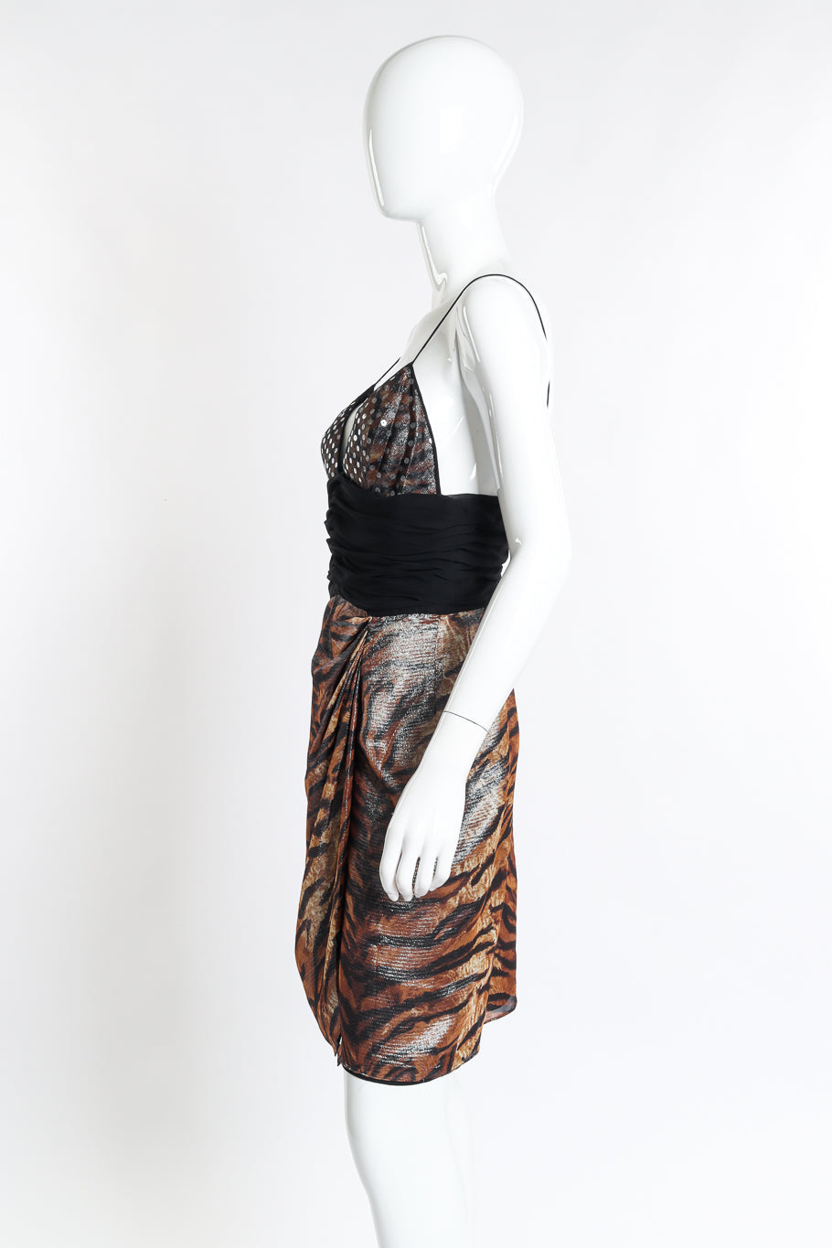 Vintage Pamela Dennis Strappy Metallic Animal Print Dress side on mannequin @recess la
