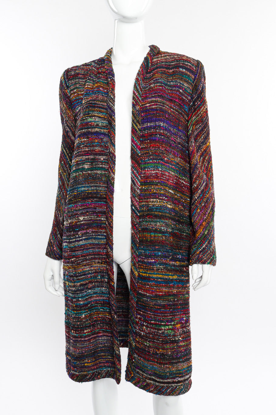 Woven Stripe Duster Coat by Pauline Trigere on mannequin front angled close @recessla