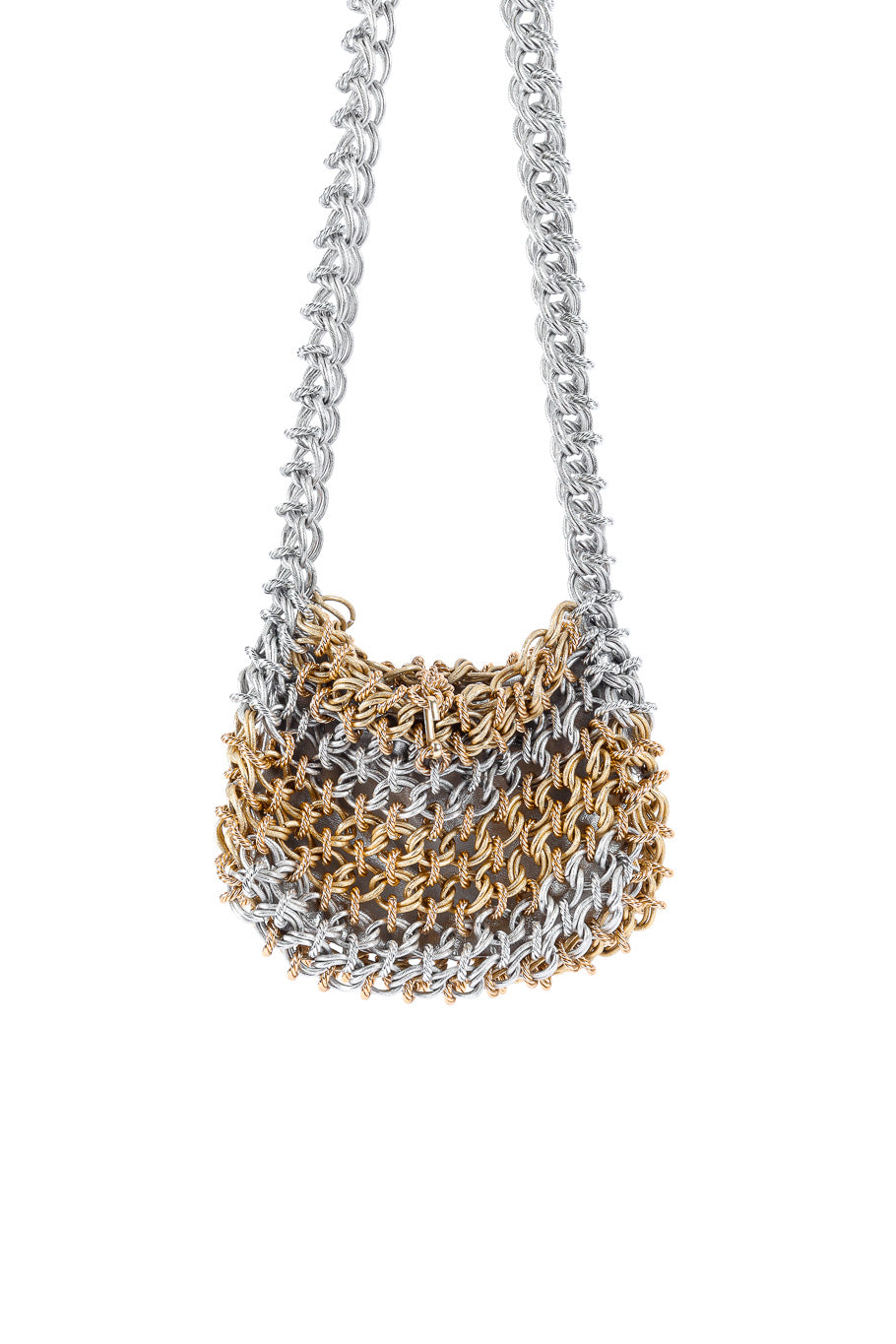 Chainlink shoulder bag by Raoul Calabro hanging on white  @recessla