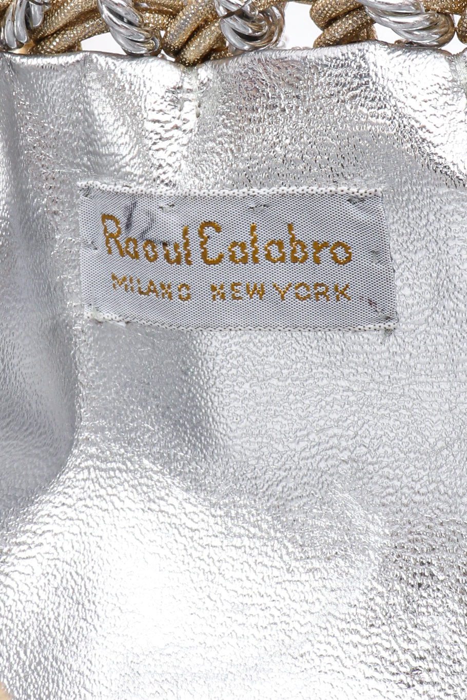Vintage Raoul Calabro Mixed Metal Chainmail Shoulder Bag signature label closeup @Recessla