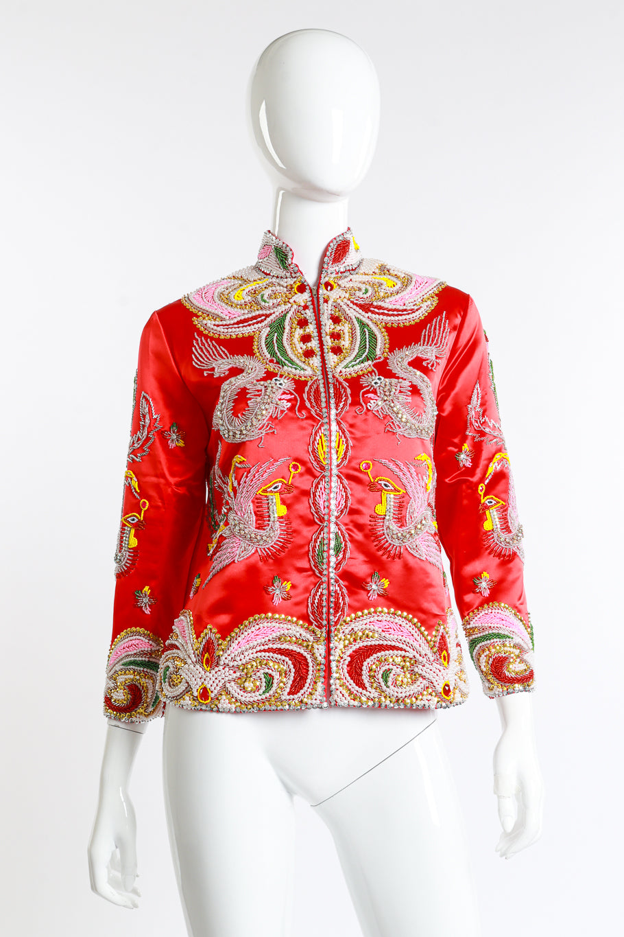 Vintage Dynasty Beaded Phoenix Dragon Jacket front on mannequin @recess la