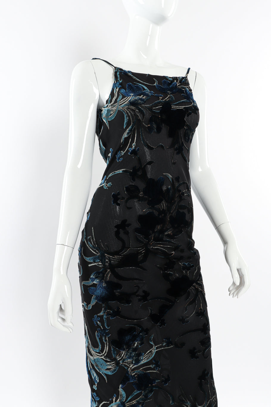 Velvet burnout slip dress by Richard Tyler on mannequin front close up @recessla