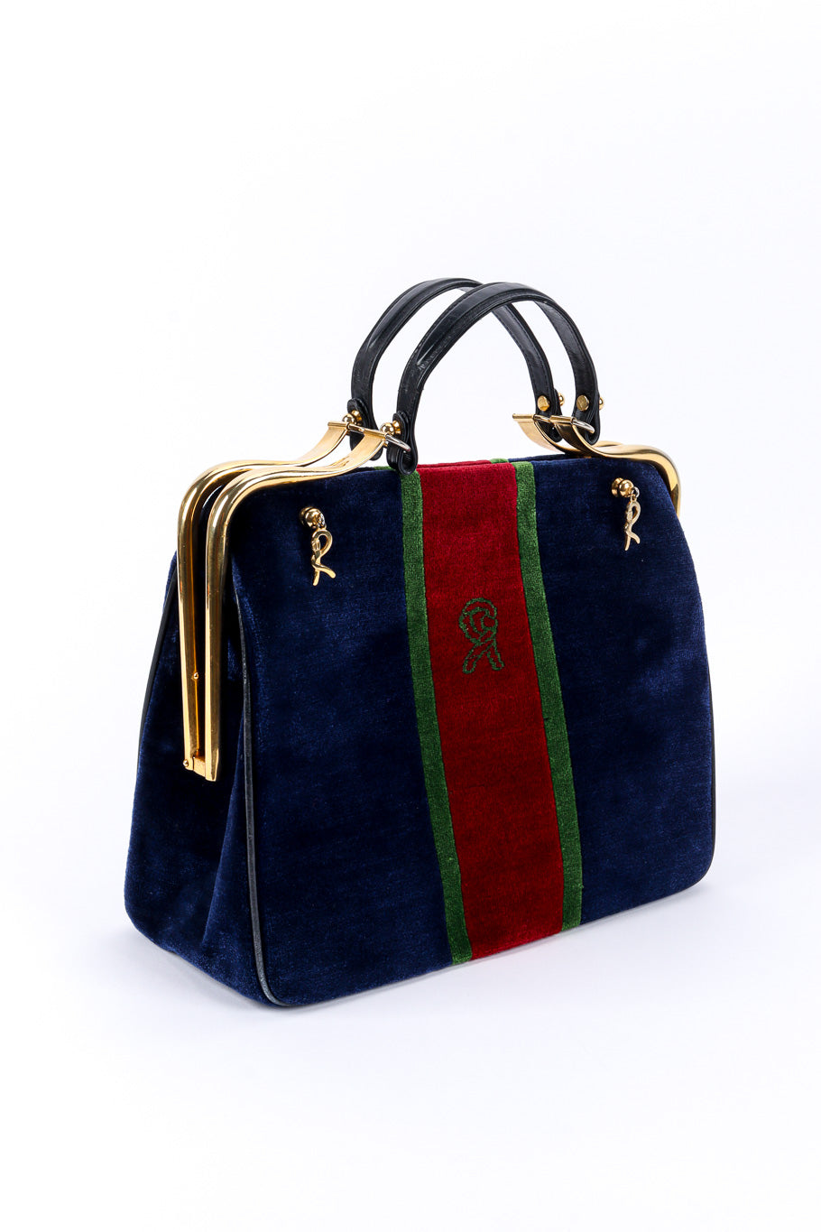 Vintage Roberta Di Camerino Velvet Caravel Stripe Frame Bag front 3/4 view @recessla