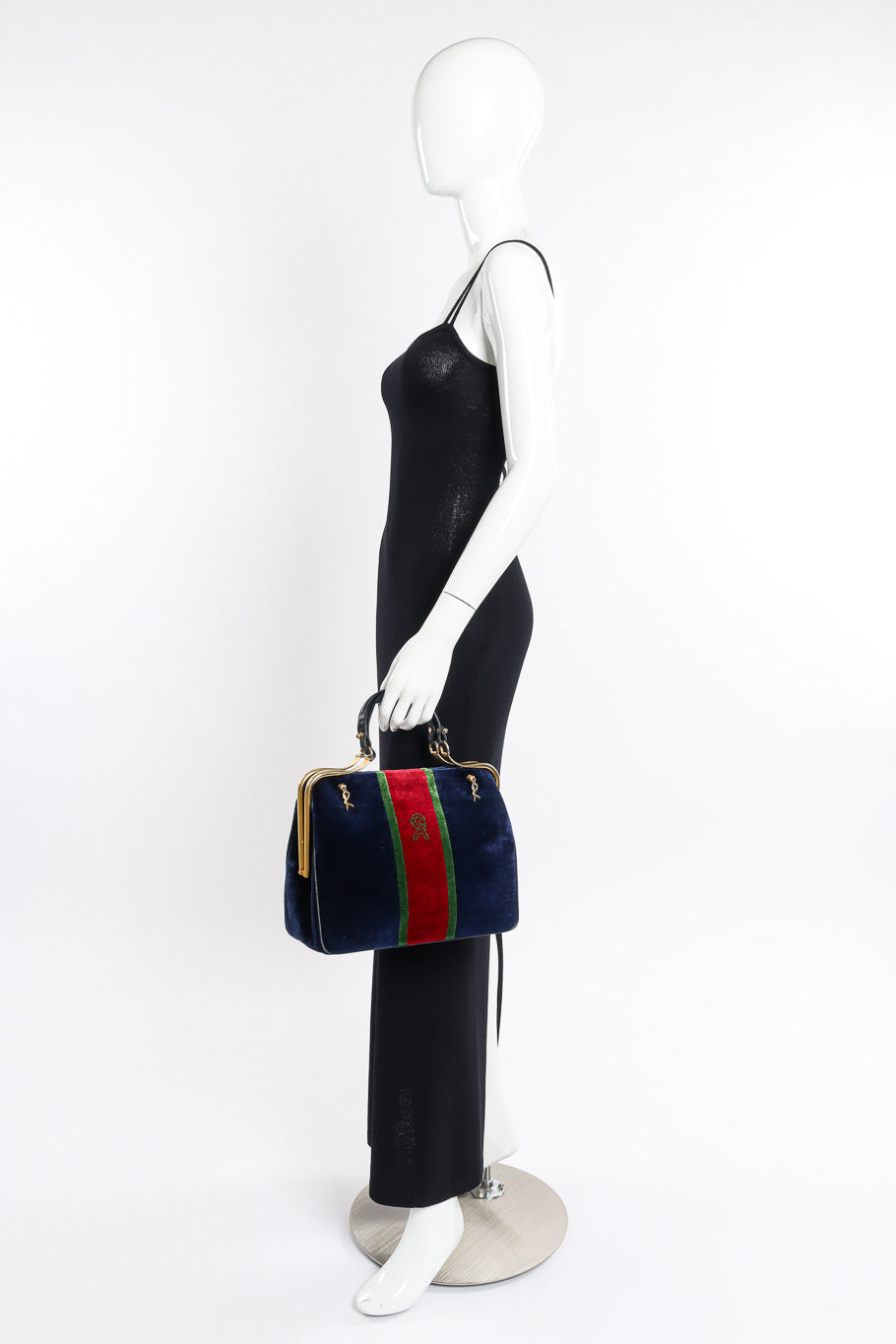 Vintage Roberta Di Camerino Velvet Caravel Stripe Frame Bag on mannequin @recessla