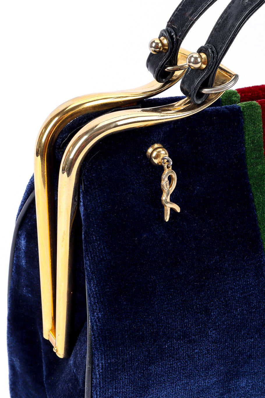 Vintage Roberta Di Camerino Velvet Caravel Stripe Frame Bag gold frame closeup @recessla