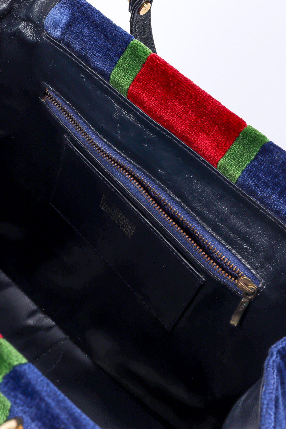 Vintage Roberta Di Camerino Velvet Caravel Stripe Frame Bag zippered pocket closeup @recessla 