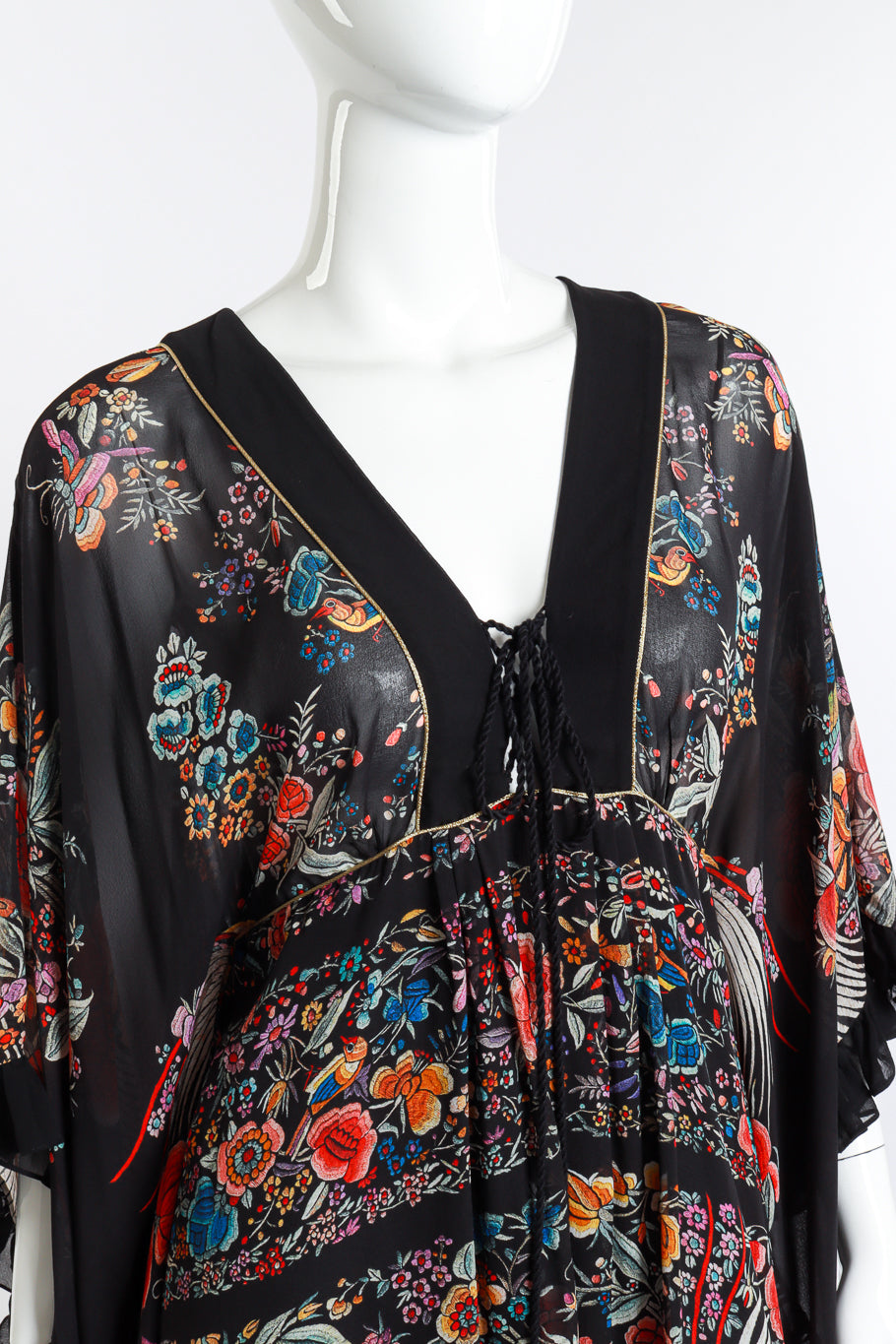 Roberto Cavalli Piano Shawl Print Ruffle Dress front on mannequin closeup @recess la