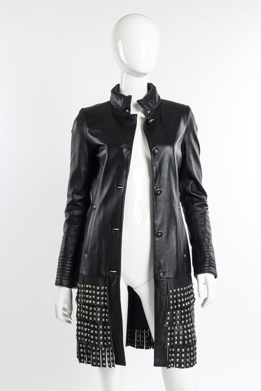Class Roberto Cavalli Studded Leather Trench Coat open front view on mannequin @recessla