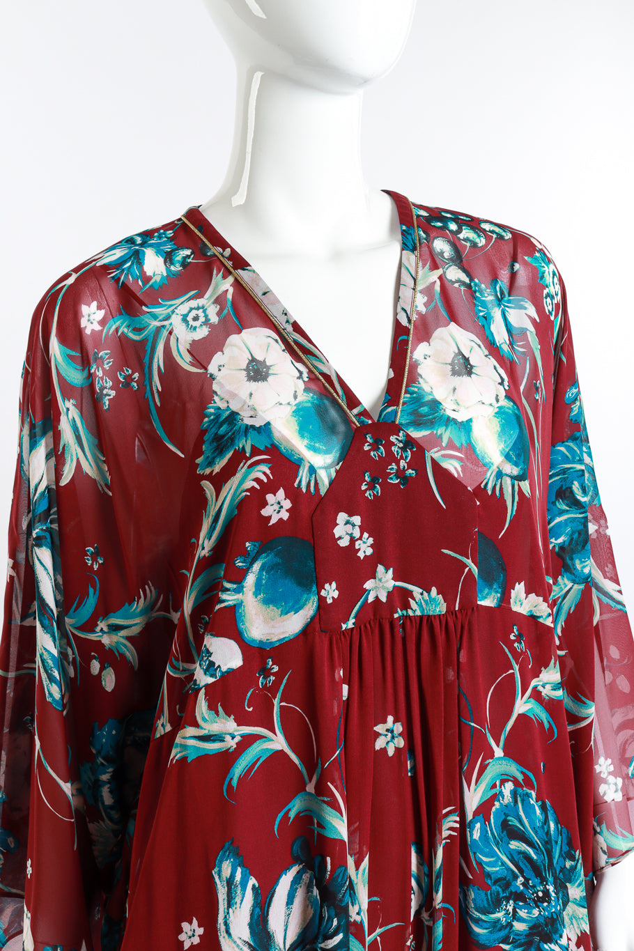 Roberto Cavalli Floral Sheer Silk Caftan front on mannequin closeup @recess la