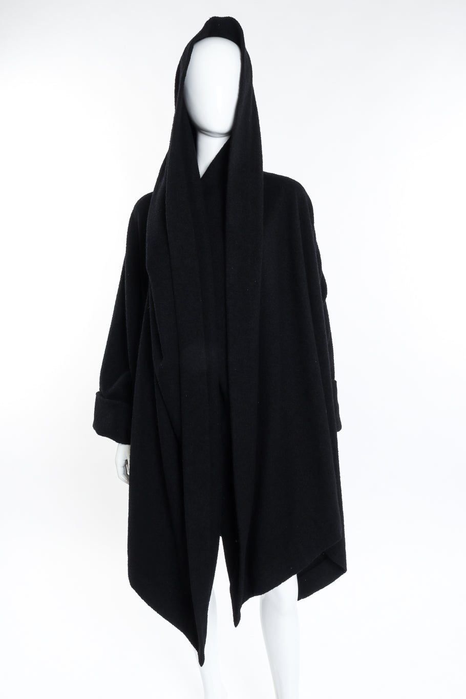 Vintage Romeo Gigli Nubby Wool Duster front on mannequin hood up @recess la