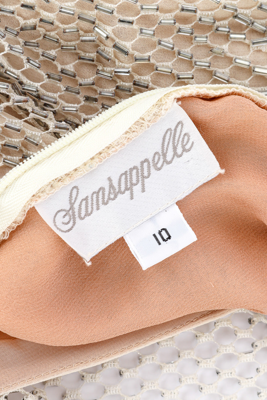 Vintage Sansappelle Beaded Chainmail Dress signature and size label closeup @Recessla
