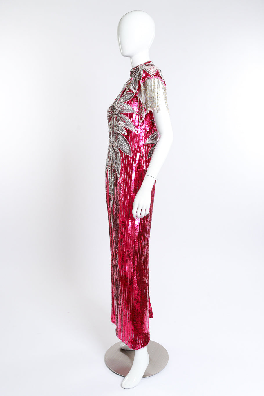 Vintage Sequins Originals Sequin Beaded Fringe Gown side on mannequin @recess la