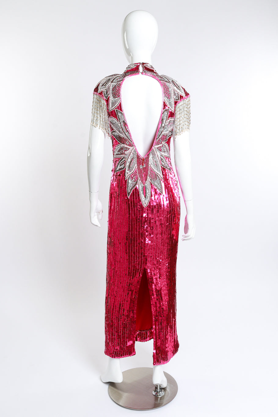 Vintage Sequins Originals Sequin Beaded Fringe Gown back on mannequin @recess la
